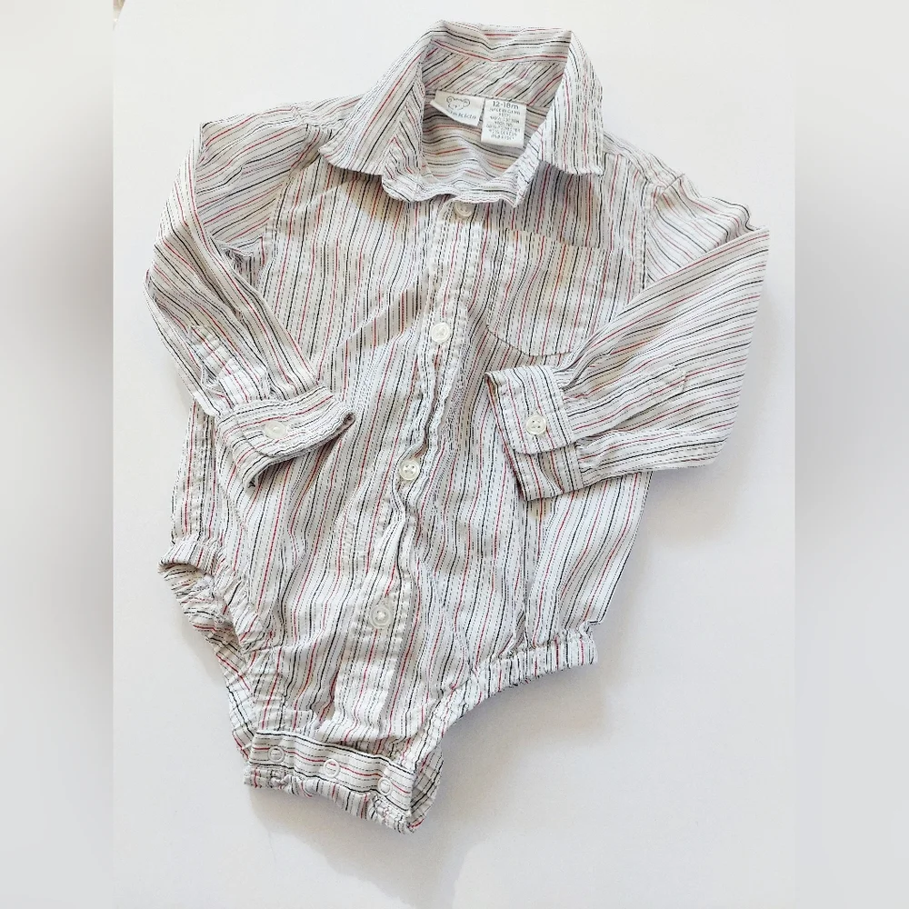 Red & Black Stripes on White Button Down Onesie 12-18m Koala Kids Easter Wedding